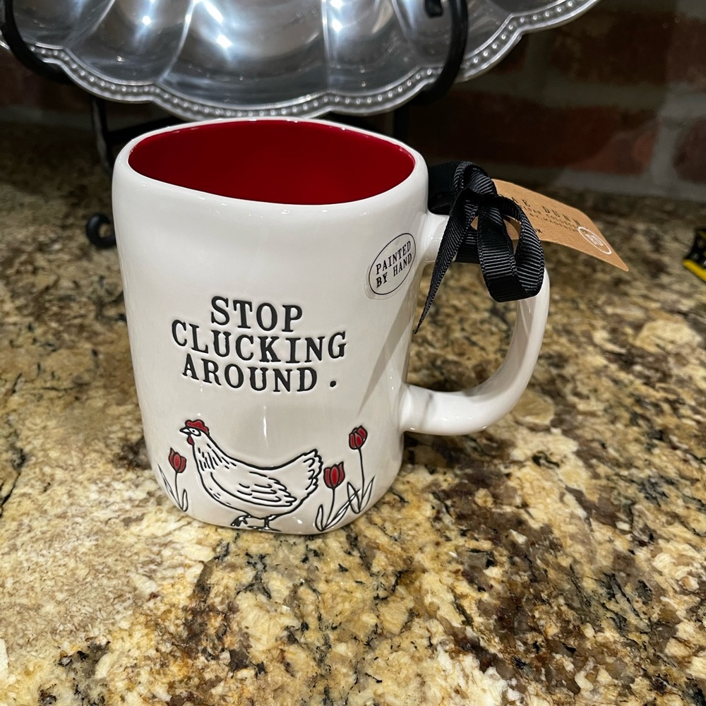 Rae Dunn Farm Line STOP CLUCKING AROUND 19.5 oz chicken floral design Brand New